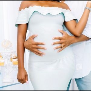 House of CB Amadea Blue Fluted Off Shoulder Dress